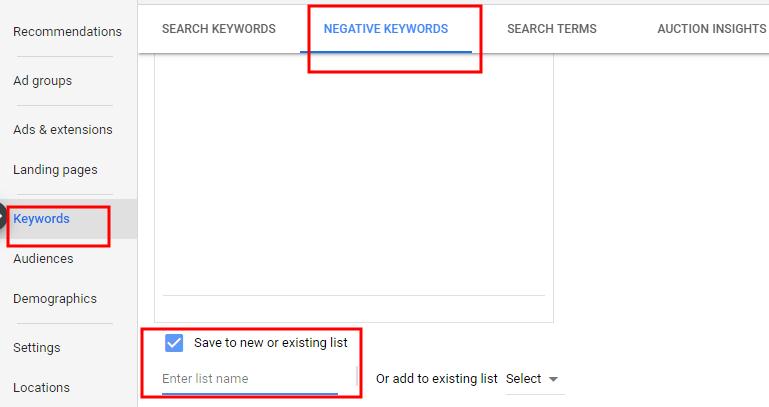 build negative keywords list