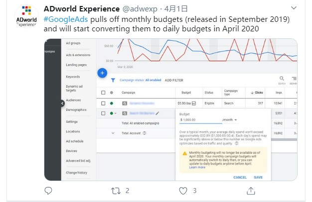 Google Ads谷歌广告将结束每月预算设置